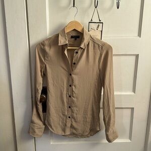 Rag & Bone button up blouse, camel tan, black button XS